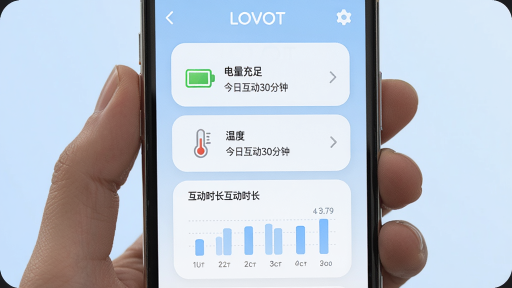 ����չʾ�ֻ���Ļ��ʾLOVOTӦ�õ�״̬�����壬������е���ͼ�ꡢ�¶ȼ�ͼ��ͻ���ʱ��ͼ��������Ϊ����ɫ���䣬����Ϊ�����У����Ϊ��Լ���ݷ磬ϸ�ڰ������������㡱�����ջ���30���ӡ������֣����ʸ��壬�ɾ����޶���Ԫ��