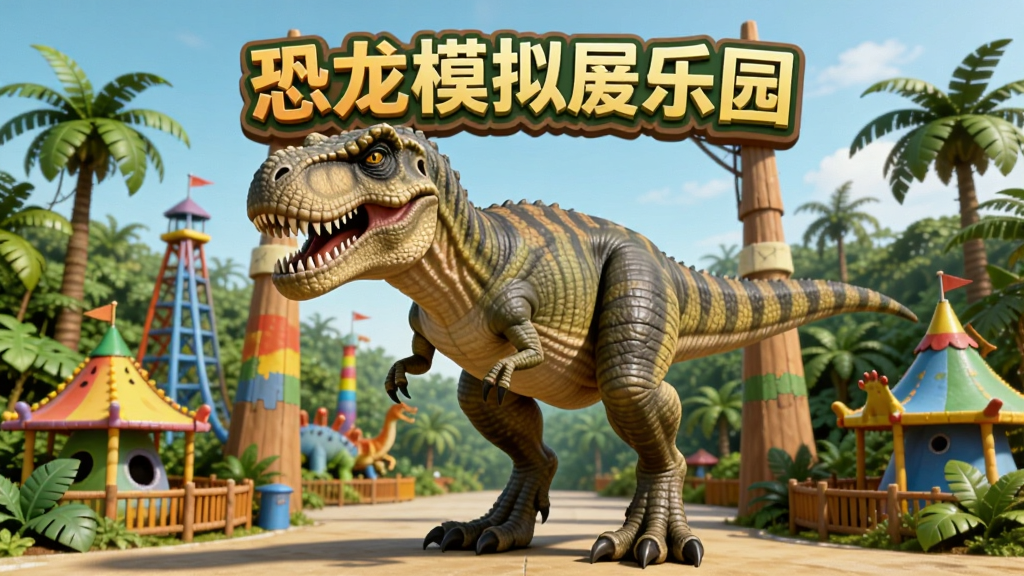 一只巨大的霸王龙站在恐龙模拟游乐园的入口处,周围是色彩鲜艳的游乐设施和茂密的史前丛林,画面中央有