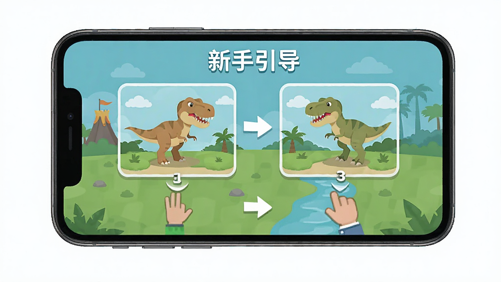 恐龙模拟游乐园新手教程界面,画面展示手机屏幕中游戏的新手引导页面,有箭头指示操作步骤,主体明确,布局清晰,排版简洁,扁平化UI风格,细节干净,文字标注