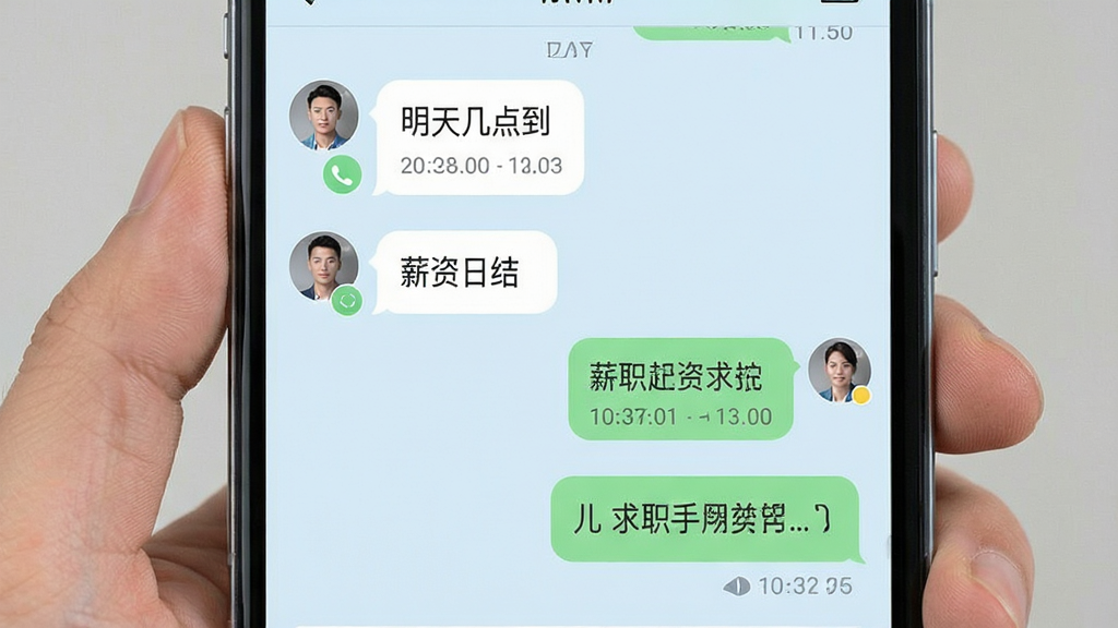 ͬ�����㹤��ʱ������棬����չʾ�ֻ���Ļ�жԻ����ݣ����Ϊ�ù���ͷ������Ϣ���Ҳ�Ϊ��ְ�߻ظ��������漰�����켸�㵽����н���սᡱ�ȣ�����Ϊ����ɫ���챳��������Ϊ���¶Ի��������Ϊ�ִ��罻����UI��ϸ�ڰ����Ѷ���ǡ��绰ͼ�ꡢʱ����������������ɾ����޶���Ԫ��