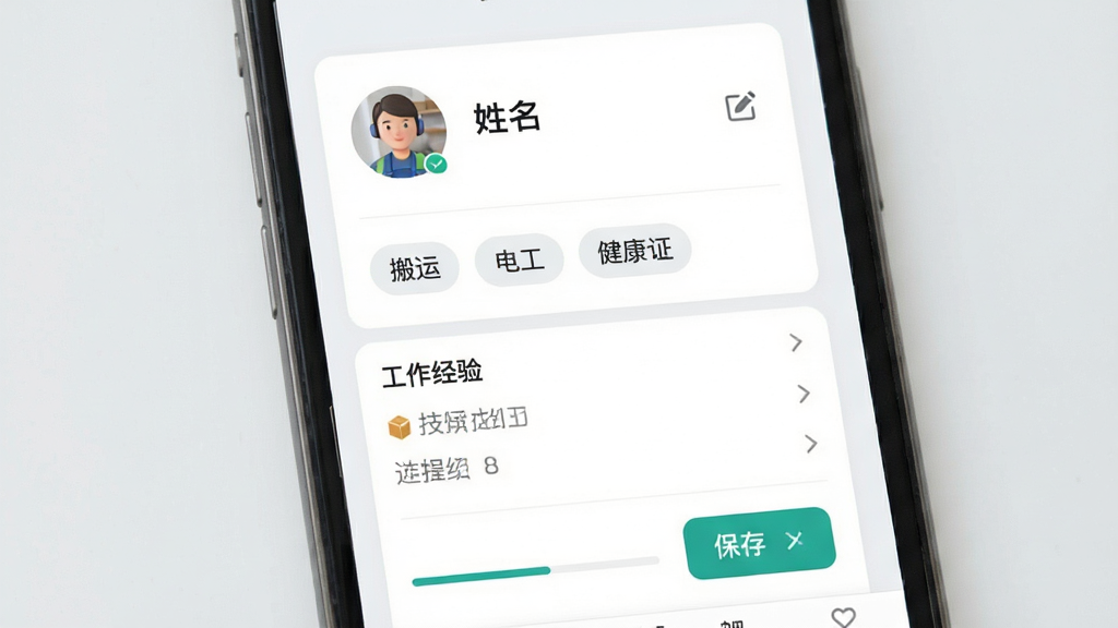 ͬ�����㹤���˼����༭ҳ�棬����չʾ�ֻ���Ļ��ͷ�����������ܱ�ǩ����������ȱ������򣬱�ǩ���������ˡ����繤��������֤��������Ϊ��ɫ��Ƭ��ǳ�ҵ�ɫ������Ϊ���¹������������Ϊ��ˬ������APP���棬ϸ�ڰ����༭ͼ�ꡢ���水ť���������������������ɾ����޶���Ԫ��