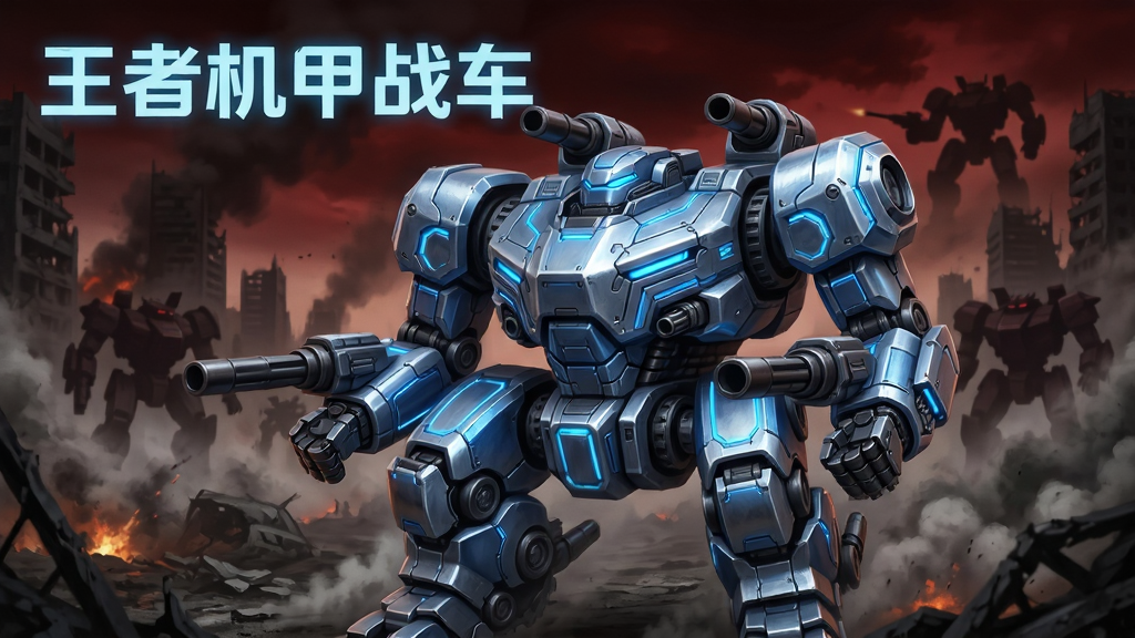 一幅未来科幻风格的机甲战车主题海报,画面中央是一台银蓝色重型机甲战车,车身布满发光能量线条与武器炮管,背景是硝烟弥漫的都市废墟战场,远处有敌方机甲轮廓,天空呈暗红色,画面左上角用发光的科技感字体写着