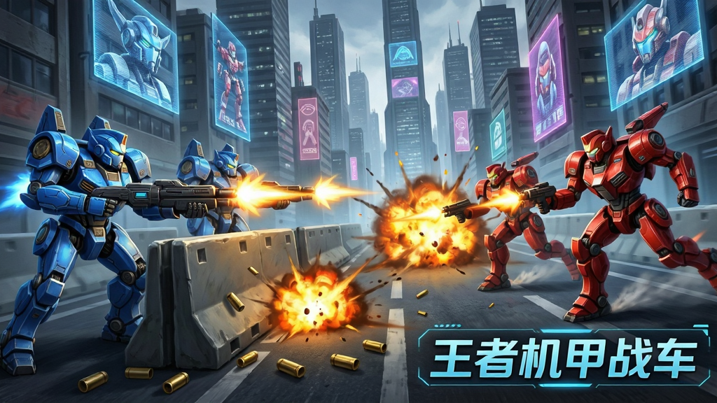 一张王者机甲战车游戏对战场景的截图风格插画,画面中四台机甲战车正在城市街道上激烈交火,左侧两台蓝色机甲正在掩体后射击,右侧两台红色机甲正在冲锋,地面有爆炸火光与弹壳飞溅,背景是未来都市高楼与全息广告牌,画面右下角用科技感字体标注