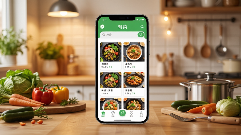 �в�����������չʾ������������һ�������ֻ�����Ļ����ʾ�в�APP�Ĳ����Ƽ���ҳ��������Ʒ����ͼ��Ƭ��������͵ײ�������������Ϊ��ܰ�ļ�ͥ����������ůɫ���ƹ⣬ľ��̨���ϰڷ��������߲˺ͳ��ߣ��������дʵ��ϸ�ڷḻ�������������ɾ����࣬�޶���Ԫ��