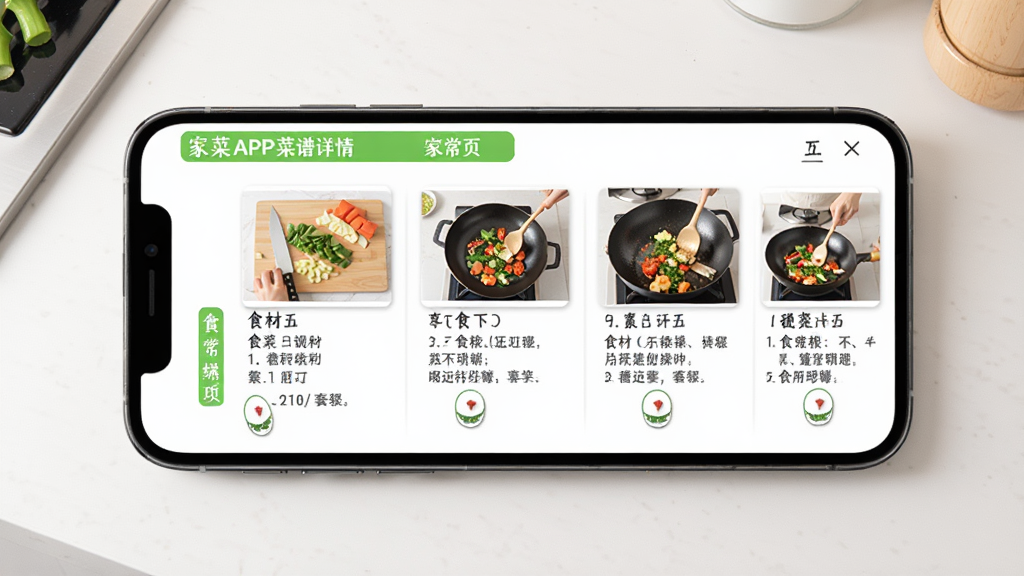 �в�APP��������ҳ���ֻ���Ļչʾһ���ҳ��˵�ͼ�Ĳ��裬ÿһ������ʳ�������Ͳ���˵���������а����вˡ��¹��������ȹ���Сͼ������Ϊ�ɾ��İ�ɫ����̨�棬�������ʵ�ã�ϸ�����������ʸɾ�