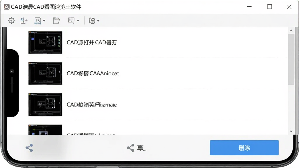 �Ƴ�CAD��ͼ�������������ļ��������棬��ʾ����򿪵�CADͼֽ�б���ÿ���������ͼ���ļ������ײ��з�����ɾ����ť������Ϊǳɫ�ֻ����棬������¼�࣬���ʸɾ����޶���Ԫ�ء�
