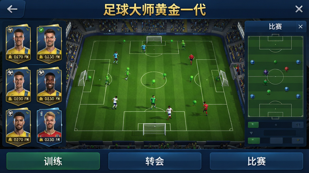 足球大师黄金一代游戏主界面截图,画面中央为足球场俯瞰视角,四周环绕球员卡片与战术面板,顶部显示游戏名称“足球大师黄金一代”,底部排列训练、转会、比赛等功能按钮,整体风格写实体育风,配色以绿色草皮与深蓝界面为主,细节清晰,画质干净,无多余元素