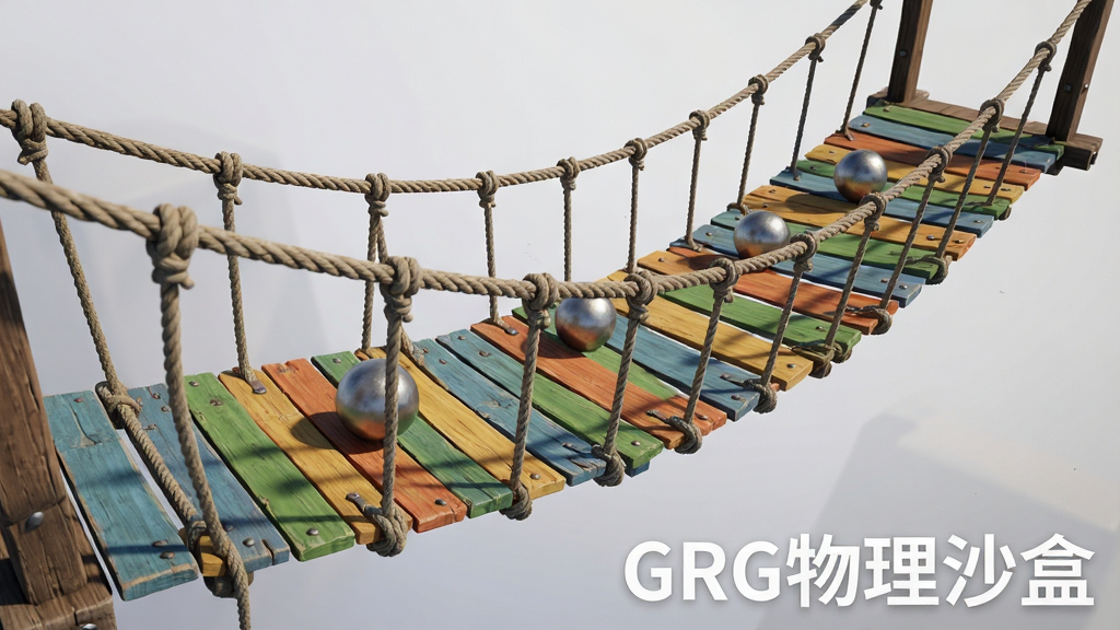 画面主体是一个3D物理模拟场景,场景中有一座由彩色木板和绳索搭建的悬索桥,桥面上放置着几个金属球体,桥身因重力产生自然弯曲,背景为浅灰色渐变,画面右下角用白色半透明字体标注“GRG物理沙盒”,布局采用俯视微侧视角,风格为写实3D渲染,细节上体现绳索纹理和木板接缝,画质高清干净,无多余元素