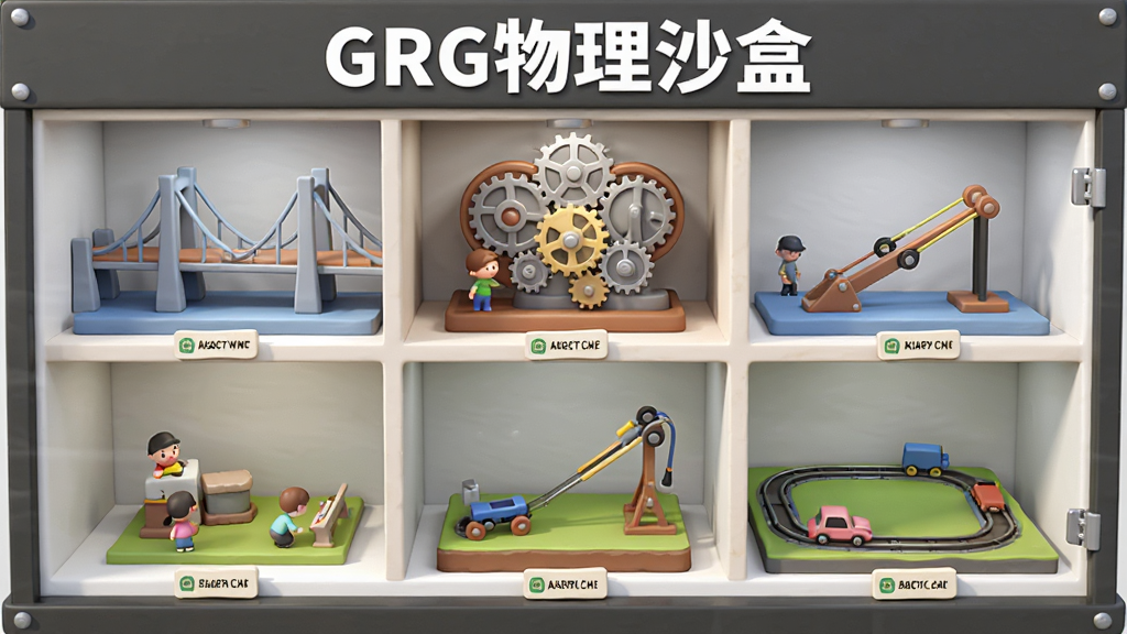 画面为一个3D场景展示柜,柜中分层摆放着多个微缩物理模拟场景,包括桥梁、齿轮机械、弹射器、小车轨道等,每个场景都有小标签,画面正上方用白色字体写出“GRG物理沙盒”,布局为正面平视,风格为卡通写实混合风,细节上场景中有微小的人物模型在观察,画质干净明亮,无多余元素
