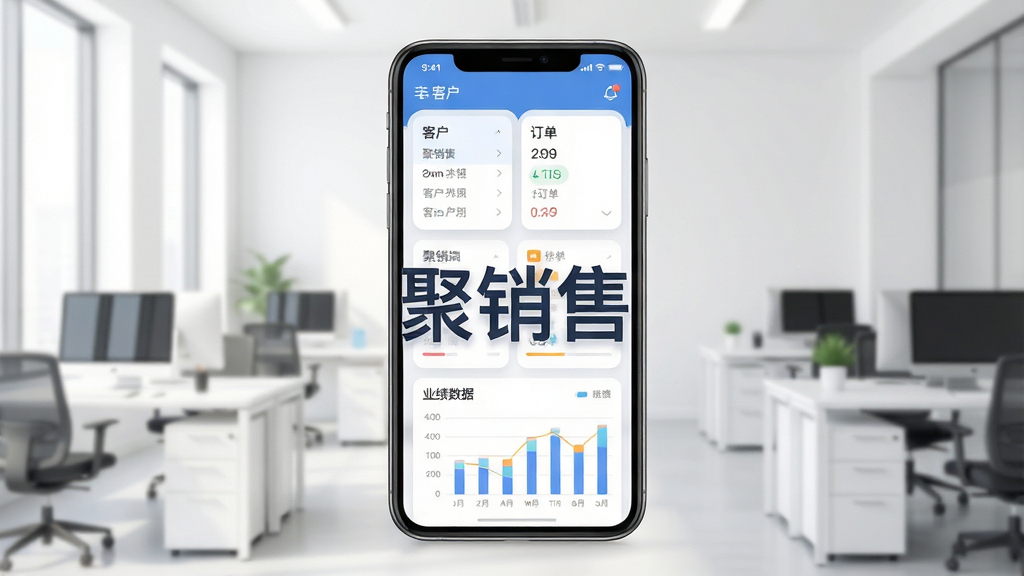 手机屏幕中展示聚销售软件主界面,界面包含客户列表、订单卡片和业绩数据图表,背景为明亮简洁的办公室环境,画面中央显示“聚销售”三个字,布局采用居中排版,风格为现代扁平化科技风,细节包括柔和的阴影和圆角图标,画质清晰,干净,无多余元素