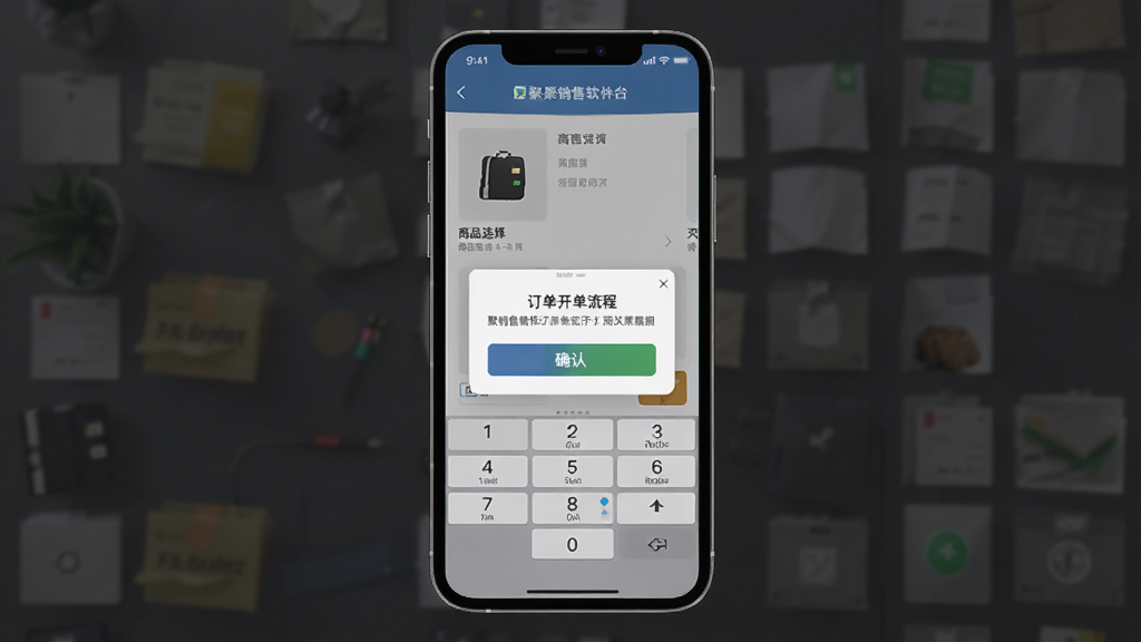 聚销售软件订单开单流程示意图,画面主体为手机界面展示商品选择与订单确认按钮,布局为上下结构,风格为简约商务风,细节包含数字键盘和确认弹窗,画质清晰,干净,无多余元素