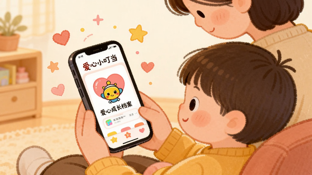 画面为一个温馨的室内场景,一位家长和孩子坐在一起看手机,手机屏幕上显示爱心小叮当的成长档案界面,周围有爱心和星星点缀,风格为温暖治愈系插画,色调柔和,画质细腻干净,图片中带文字