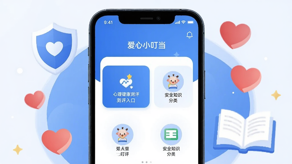 画面为一个手机屏幕界面展示,屏幕中显示爱心小叮当APP的主页,包含心理健康测评入口和安全知识分类图标,周围环绕着盾牌、爱心、书本等象征安全和学习的元素,风格为简洁现代的UI插画,色调以蓝白为主,干净整洁,画质高清,图片中带文字