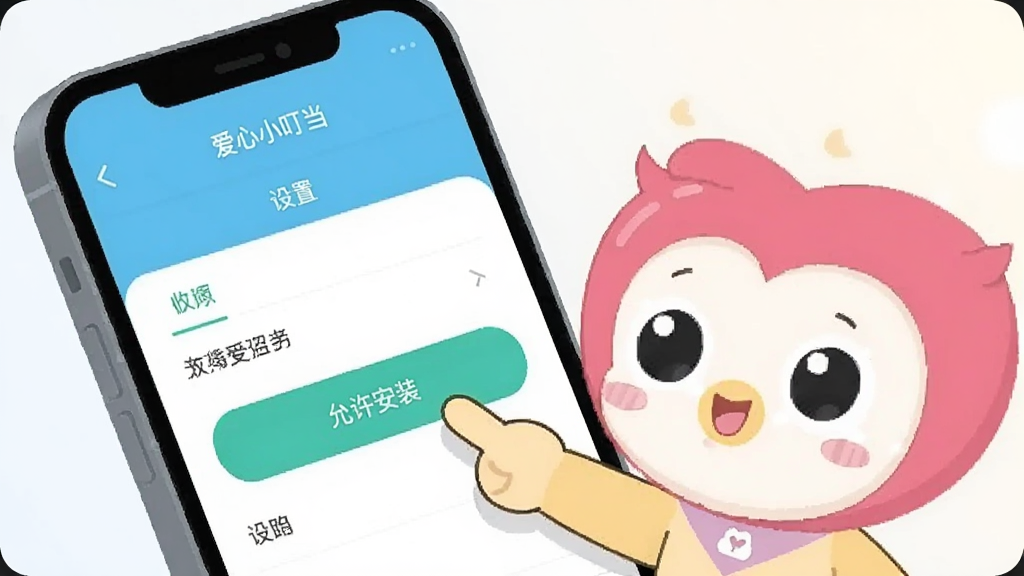 画面为一个手机屏幕特写,屏幕上显示爱心小叮当APP的设置页面,旁边有卡通人物用手指着屏幕上的