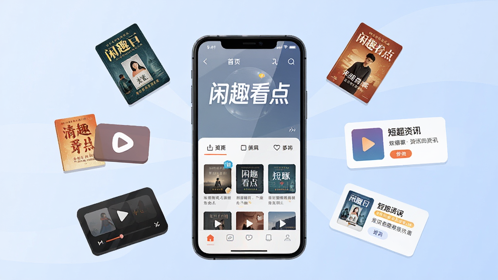 整体画面以一部智能手机为中心,屏幕内展示着闲趣看点的首页界面,周围环绕着漂浮的小说封面、短剧播放按钮和资讯卡片,布局采用中心放射状,排版干净有序,风格为现代扁平化插画,细节上手机屏幕有轻微反光,背景是柔和的浅蓝色渐变,画质清晰,干净,无多余元素