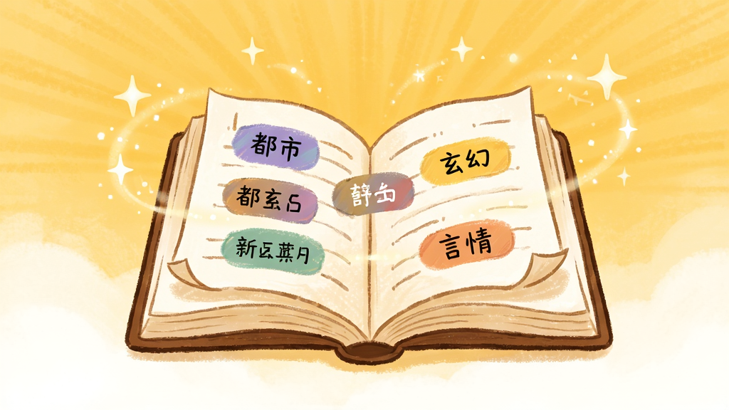 画面中央是一本翻开的电子书,书页上浮现出各种类型的小说标签如都市、玄幻、言情,书本周围散落着星星点点的光效,布局以书本为主体居中,排版留白充足,风格为温馨手绘风,细节上书页有轻微卷曲感,背景为暖黄色调,画质细腻,干净,无多余元素