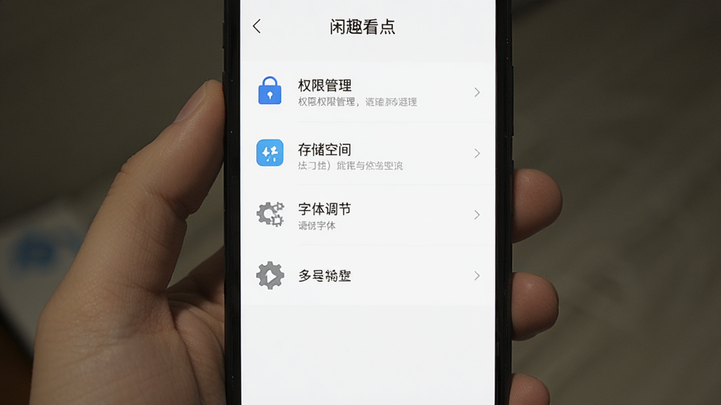 手机屏幕显示闲趣看点的设置界面,界面上有权限管理、存储空间、字体调节等选项,布局为垂直列表,排版清晰,风格为扁平化UI设计,细节上每个选项配有图标,背景为白色,画质清晰,干净,无多余元素