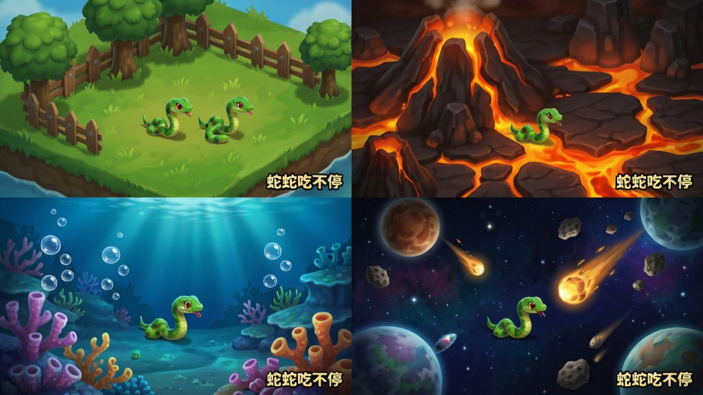 四格拼接画面分别展示草地、火山、深海与太空四张游戏地图,每格中都有小蛇在觅食,草地有绿树栅栏,火山有岩浆裂纹,深海有珊瑚气泡,太空有星球陨石,布局为田字格,风格为游戏场景概念图,细节包括各场景色彩氛围与光影效果,画质精美细腻,干净整洁,每格角落写“蛇蛇吃不停”