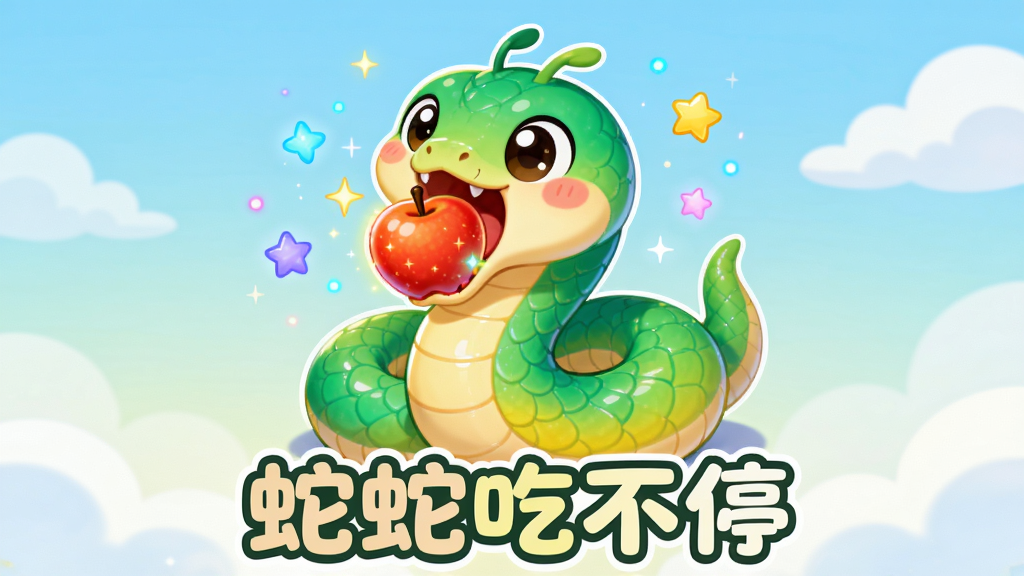 画面中央是一条圆润可爱的卡通小蛇,身体由翠绿与明黄渐变鳞片组成,正张着圆嘴吞食一颗发光红苹果,周围散落着蓝紫色光点与金色星星,背景是柔和的浅蓝渐变天空与漂浮的云朵,布局采用居中构图,蛇身呈S形曲线盘绕,风格为Q版休闲游戏宣传图,细节包括小蛇圆亮的大眼睛、腮红与头顶小呆毛,画质为高清矢量渲染,干净明亮,无多余元素,画面中下方用圆润字体写“蛇蛇吃不停”