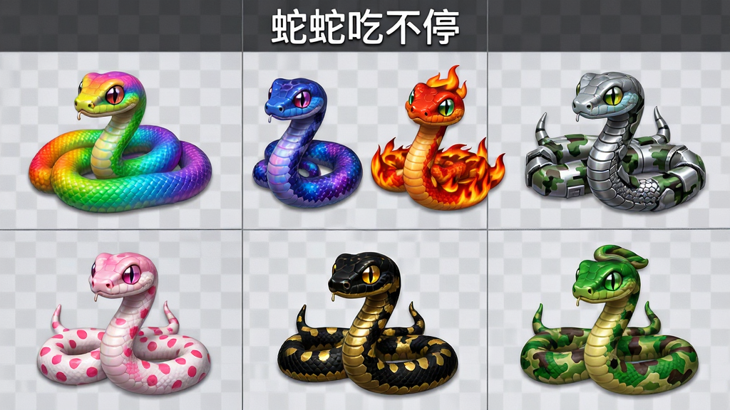 九宫格排列展示九条不同皮肤的小蛇,包括彩虹渐变、星空蓝紫、火焰橙红、樱花粉白、机械银灰、丛林迷彩、糖果波点、暗夜黑金与节日红绿,每条蛇姿态各异,有的盘绕有的昂首,背景为浅灰格子底纹,布局整齐对称,风格为游戏皮肤图鉴界面,细节包括每条蛇的鳞片质感与眼睛高光,画质高清,干净无多余装饰,顶部居中写“蛇蛇吃不停”