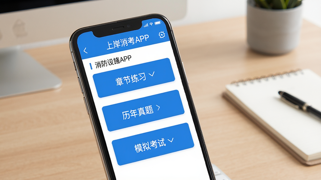 上岸消考APP主界面展示,手机屏幕中显示消防设施操作员题库列表,包含章节练习、历年真题、模拟考试等功能入口,界面以蓝白色调为主,背景为干净的书桌场景,画质清晰,无多余元素
