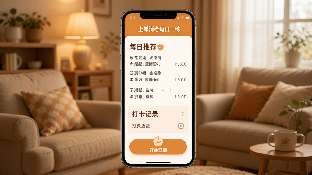 上岸消考每日一练界面,手机屏幕显示每日推荐题目和打卡记录,背景为温馨的居家环境,界面以暖色调为主,画质清晰,无多余元素