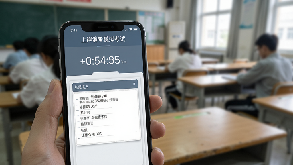 上岸消考模拟考试界面,手机屏幕显示考试倒计时和答题卡,背景为安静的考场环境,界面风格严肃专业,蓝灰色调,画质清晰