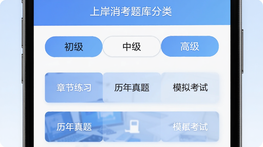 上岸消考题库分类界面,手机屏幕展示初级、中级、高级三个等级选项卡,下方列出章节练习、历年真题、模拟考试等模块,界面采用蓝白配色,背景为柔和渐变,画质干净清晰