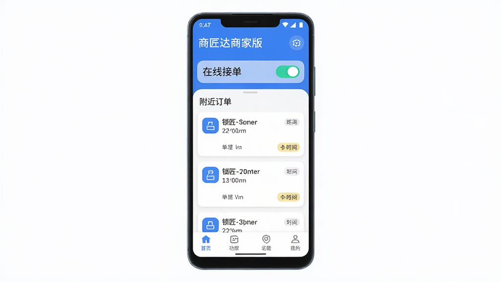 锁匠达商家版手机应用界面展示,主体为一部安卓手机正中央显示应用首页,布局上方为商家名称和在线接单开关,中部为附近订单列表,下方为功能导航栏,排版整齐清晰,风格为现代简约科技风,细节包含蓝色主色调、圆角图标、订单卡片带有距离和时间标签,画质高清,干净,无多余元素
