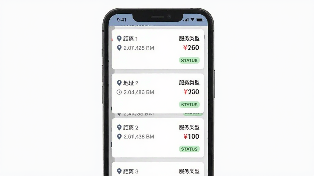 锁匠达商家版附近订单推送功能展示图,主体为手机屏幕显示订单列表页面,布局为纵向排列的订单卡片,排版每张卡片左侧显示距离和地址、右侧显示服务类型和价格,风格为扁平化移动端UI风格,细节包含定位图标、时间戳、状态标签,画质高清,干净,无多余元素