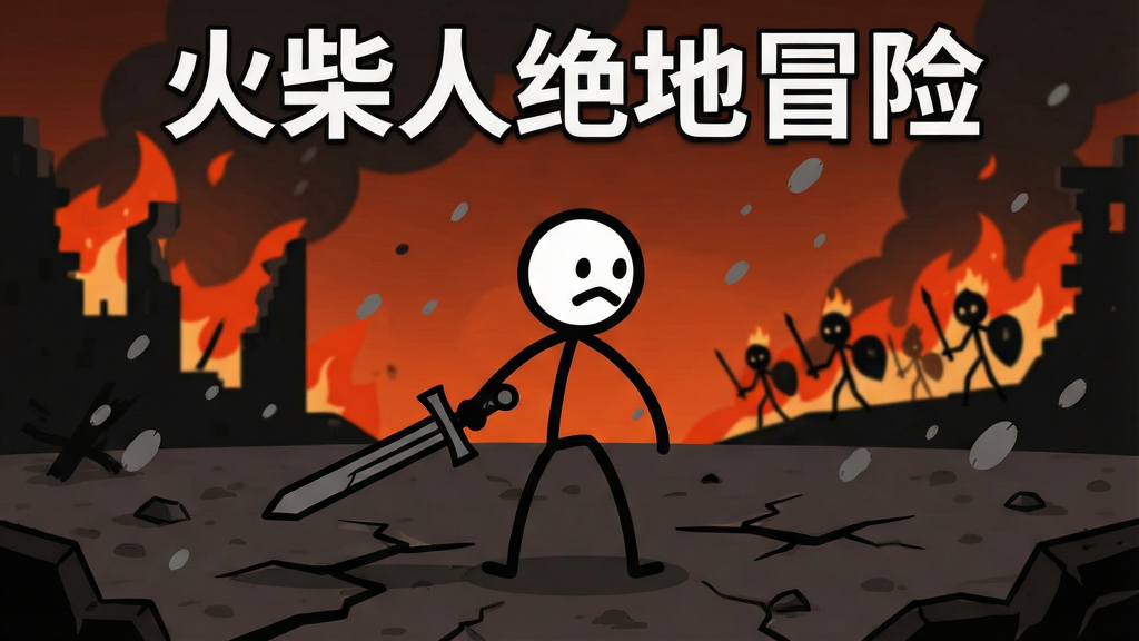 画面中央是一个黑色线条勾勒的火柴人战士,手持长剑,站在荒芜的绝地战场上,背景有燃烧的废墟和远处敌对的火柴人剪影,整体采用暗色调与橙红色火光对比,风格为2D扁平卡通,细节包括地面裂纹、飘散的灰烬颗粒,画质清晰干净,无多余元素,画面正上方用白色粗体字写“火柴人绝地冒险”。