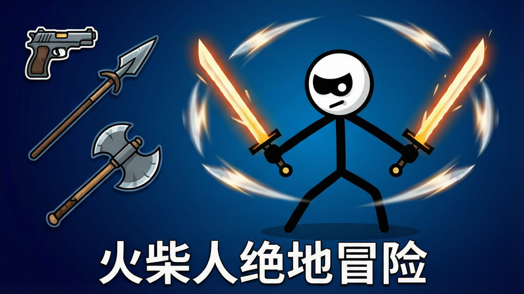 一个火柴人角色双手各持一把发光长剑,摆出战斗姿态,周围环绕着刀光残影,背景是深蓝色渐变,画面左侧漂浮着几把不同造型的武器图标,包括手枪、长矛和巨斧,风格为2D矢量插画,线条干净利落,色彩对比鲜明,画质高清,无多余装饰,画面底部用白色字体写“火柴人绝地冒险”。