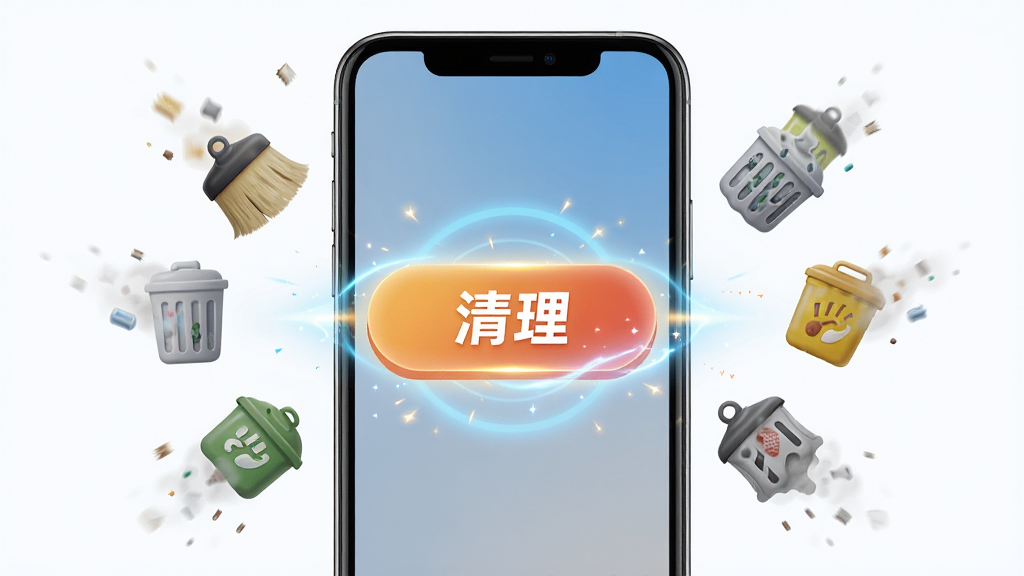 一张展示手心清理管家一键清理功能的图片,主体为手机屏幕中央一个醒目的清理按钮,周围环绕着被清理的垃圾图标,布局为居中对称结构,排版简洁,风格为动感活力风格,细节上按钮带有光晕效果,垃圾图标逐渐消失,画质高清,干净,无多余元素