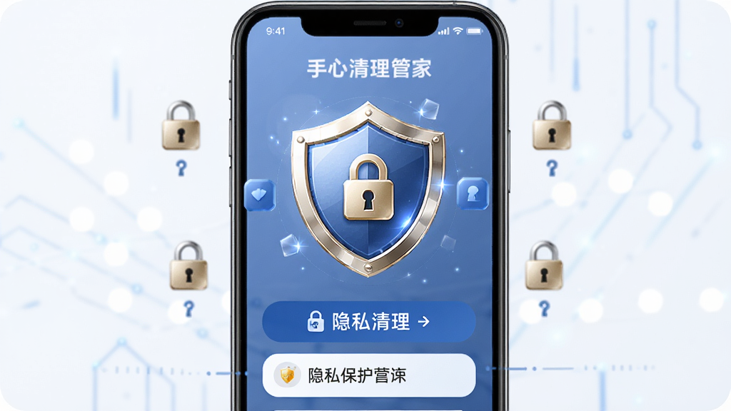 一张展示手心清理管家隐私保护功能的图片,主体为手机屏幕显示盾牌图标和隐私清理选项,布局为居中结构,排版简约,风格为安全稳重风格,细节上盾牌带有光泽,周围有锁形图标,画质高清,干净,无多余元素