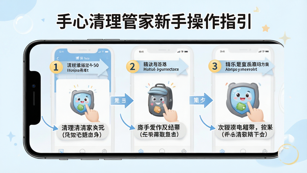 一张展示手心清理管家新手操作指引的图片,主体为手机屏幕显示清理步骤示意图,布局为分步展示,排版清晰,风格为友好教学风格,细节上带有箭头和数字标注,画质高清,干净,无多余元素