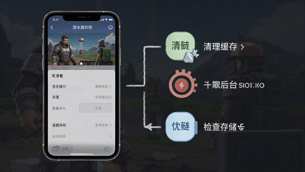 Galumb游戏运行优化示意图,画面中展示一部手机屏幕显示游戏设置界面,旁边有清理缓存、关闭后台、检查存储等图标,布局清晰,风格简洁,画质干净,无多余元素