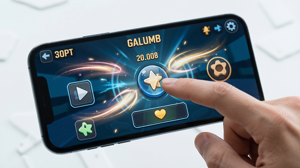 Galumb游戏操作界面特写,画面中一只手正在点击手机屏幕,屏幕上显示游戏互动元素,周围有动态光效和得分数字,背景为浅色简约风格,布局突出手机与手指的互动,画质清晰干净,无多余元素