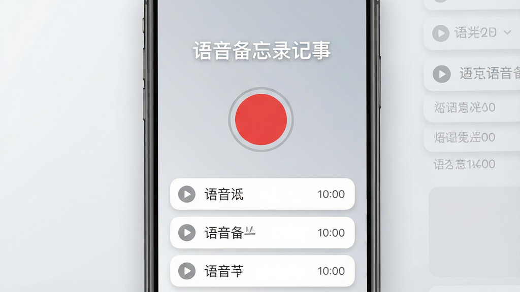 一张手机屏幕展示语音备忘录记事应用主界面,画面中央是醒目的红色圆形录音按钮,按钮上方显示“语音备忘录记事”白色文字,下方排列着多条录音条目列表,每条带有小播放图标和时间标签,背景为浅灰色渐变,整体风格简洁清新,布局居中对称,细节包括圆角卡片、柔和阴影、扁平化图标,画质清晰,干净无多余元素