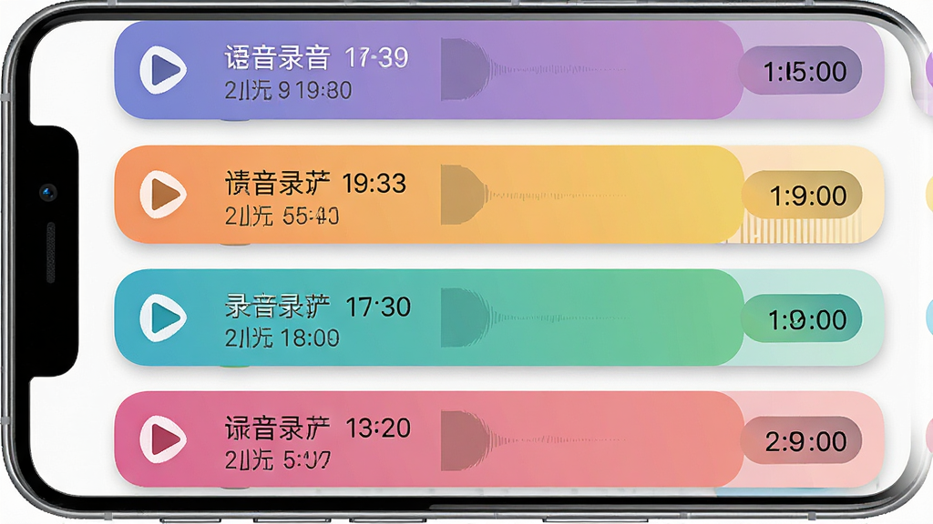 语音备忘录记事录音列表界面,手机屏幕显示多条彩色录音卡片,每张卡片左侧是播放按钮,中间是录音标题和时间,右侧是时长标签,背景为白色,卡片采用圆角设计并带有浅灰色阴影,布局整齐纵向排列,风格清爽极简,细节包括卡片间距均匀、字体清晰、图标线条细腻,画质高清,干净无多余元素