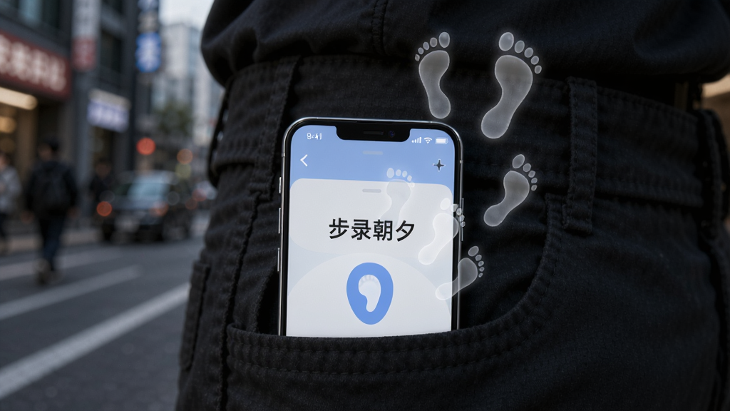一部智能手机放在裤子口袋中,屏幕微微发光,屏幕内显示