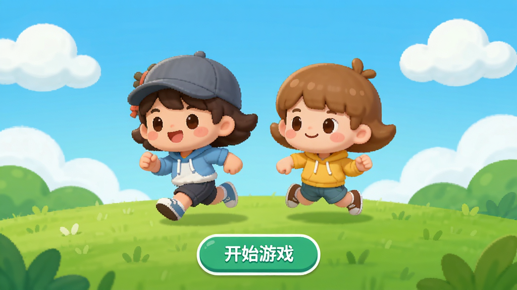 我要追上你软件主界面,明亮卡通风格,中央是两个可爱角色一前一后奔跑追逐,背景是蓝天白云和绿色草地,画面下方有开始游戏按钮,整体布局简洁,色彩清新,画质高清,干净,无多余元素