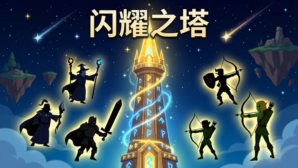 画面中央是一座高耸入云的闪耀之塔,塔身散发着金色与蓝色交织的魔法光芒,塔的周围漂浮着各种英雄角色的剪影,有手持法杖的法师、挥舞巨剑的战士、拉弓射箭的精灵,背景是深邃的星空与浮空岛屿,整体布局采用竖向构图突出塔的高度感,风格为奇幻欧美卡通风格,细节上塔身有符文流动、英雄剪影带有光晕、星空中有流星划过,画质为高清4K、干净无多余元素,图片上方中央写着“闪耀之塔”四个大字