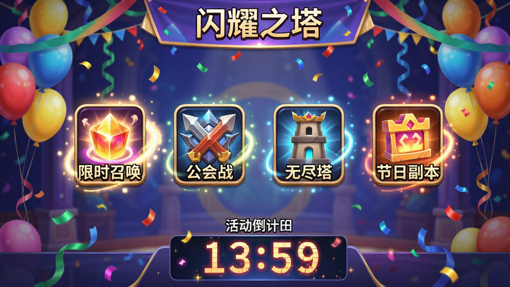 画面展示一个游戏活动中心界面,背景是节日庆典风格的装饰,有彩带和气球,界面中央排列着多个活动入口图标,包括“限时召唤”“公会战”“无尽塔”“节日副本”等,每个图标都有动态光效,界面底部有活动倒计时,风格为游戏活动面板风格,细节上图标有悬浮动画、背景有飘落的彩纸、倒计时数字闪烁,画质为高清鲜艳、干净无多余元素,界面顶部横幅写着“闪耀之塔”
