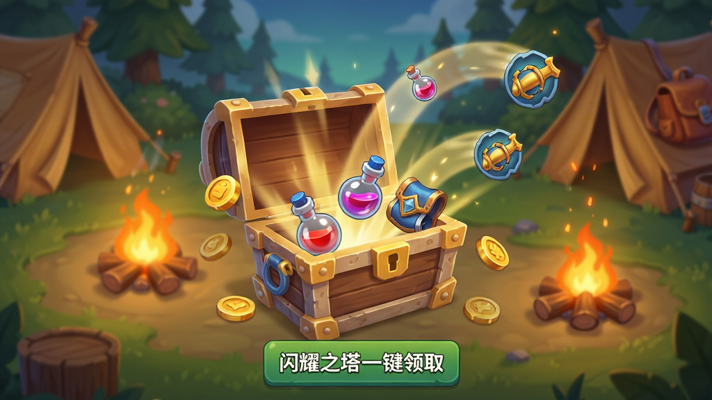 画面展示一个放置挂机收益领取界面,中央是一个宝箱正在打开,宝箱中飞出金币、经验药水、装备图标等奖励物品,背景是温馨的营地场景,有篝火和帐篷,风格为休闲游戏UI风格,细节上宝箱有开启动画、奖励物品有抛物线飞入背包的轨迹、篝火有火星飘散,画质为高清柔和、干净无多余元素,界面下方按钮写着“闪耀之塔 一键领取”