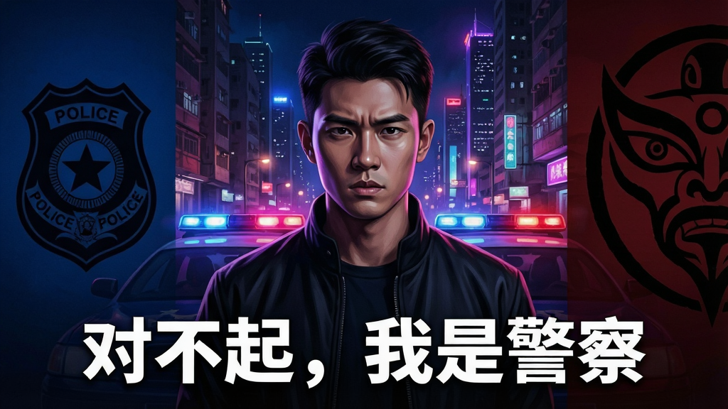 一幅以香港警匪卧底为主题的数字插画,画面中央是一位身穿黑色夹克、神情坚毅的年轻男子,背景是霓虹闪烁的都市夜景与警车灯光交织,左侧是警察徽章剪影,右侧是黑帮图腾暗纹。画面下方居中位置用白色粗体字写着“对不起,我是警察”,整体风格为写实电影海报风,色调以深蓝、暗红与霓虹紫为主,细节丰富,画质清晰,干净无多余元素