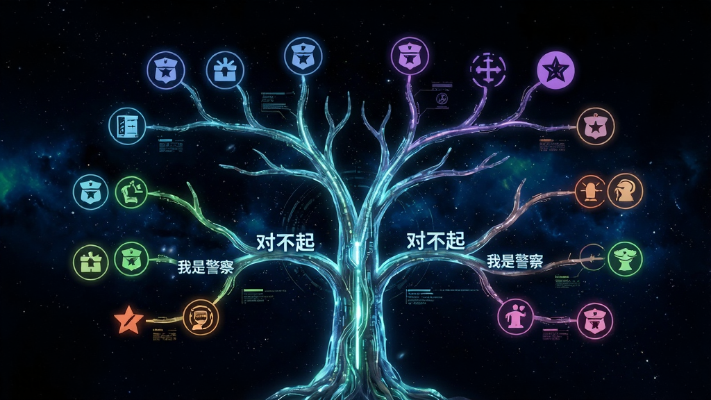 一张展示多结局分支树的示意图,画面中央是一棵发光的树状结构,树枝末端连接着不同颜色的结局图标,背景为深色星空,树上点缀着“对不起,我是警察”字样,风格为科技感信息图,细节精致,画质清晰,干净无多余元素