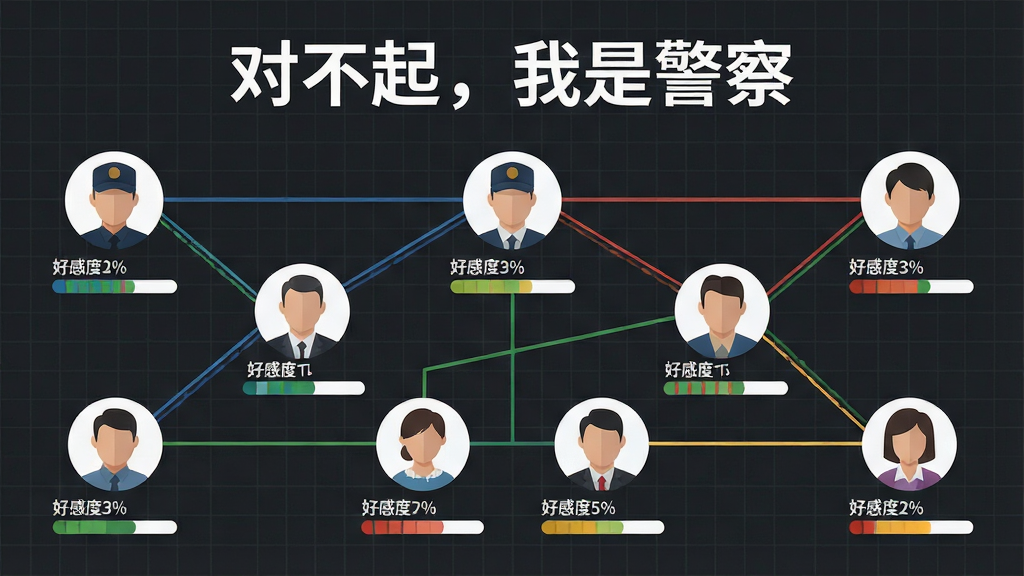 一张角色关系网络图,画面中多位人物头像通过彩色线条相互连接,头像下方标注好感度进度条,背景为深灰色网格,画面顶部用白色字体写着“对不起,我是警察”,风格为简约信息图表,画质清晰,干净无多余元素