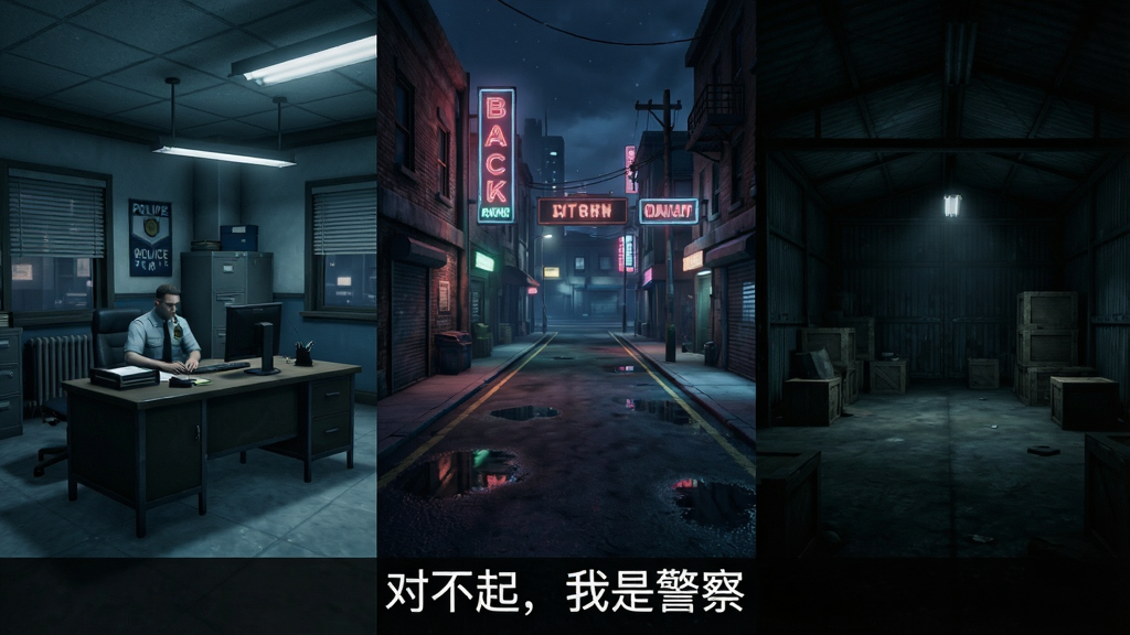 一张展示游戏内多个场景拼接的横版图,左侧是警局办公室,中间是霓虹街头,右侧是昏暗仓库,画面底部居中位置用白色文字标注“对不起,我是警察”,风格为电影分镜式构图,色调偏冷,画质清晰,干净无多余元素
