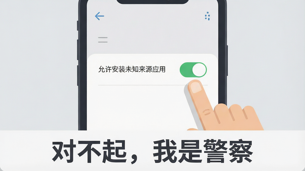 一张手机游戏安装设置界面的示意图,画面中手机屏幕显示“允许安装未知来源应用”的开关按钮,旁边有手指点击的动画效果,背景为浅灰色,画面底部用深灰色文字标注“对不起,我是警察”,风格为扁平化教程插图,画质清晰,干净无多余元素