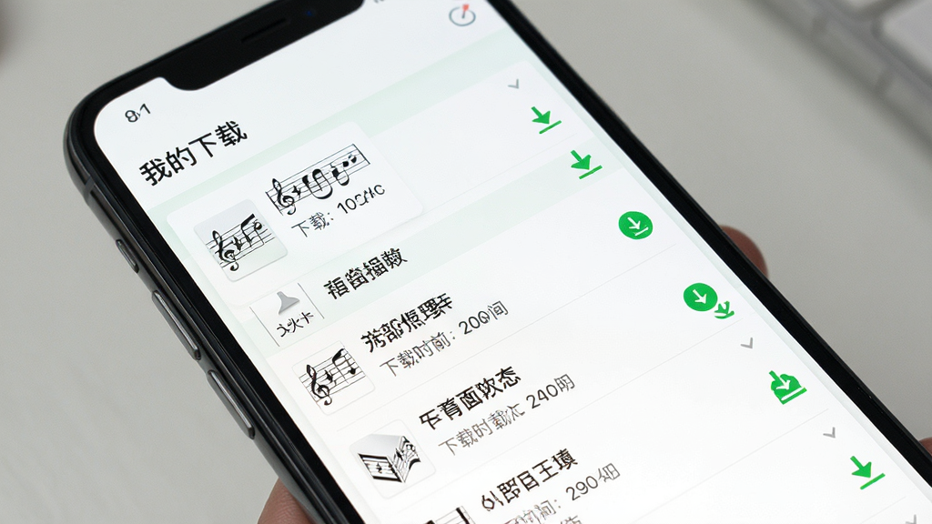 一张展示“谱全了”下载管理界面的手机应用场景图,画面中手机屏幕显示“我的下载”列表,列表中包含多首曲谱文件名和下载状态图标,界面风格清爽,配色以白色和绿色为主,布局为纵向列表,细节包括文件大小、下载时间等信息,画质清晰,无多余元素